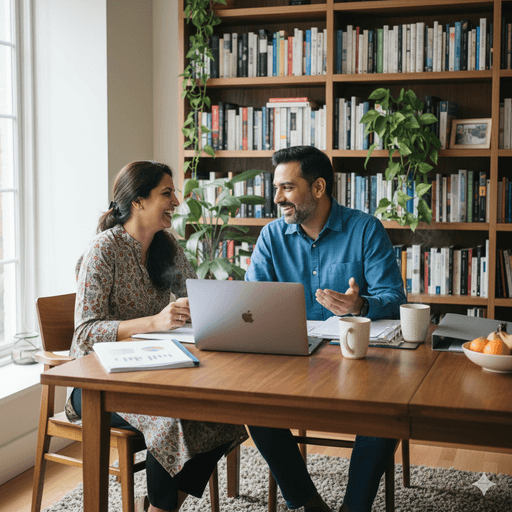 An Indian couple sitting around a table engrossed in conversation, with files and papers on the table along with 2 coffee mugs. There are books on a shelf in the background