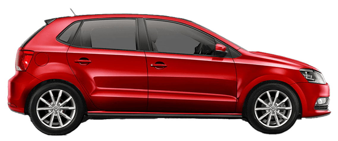 Side view of a shiny red compact hatchback car with sleek design and alloy wheels, available for book online, isolated on a transparent background.