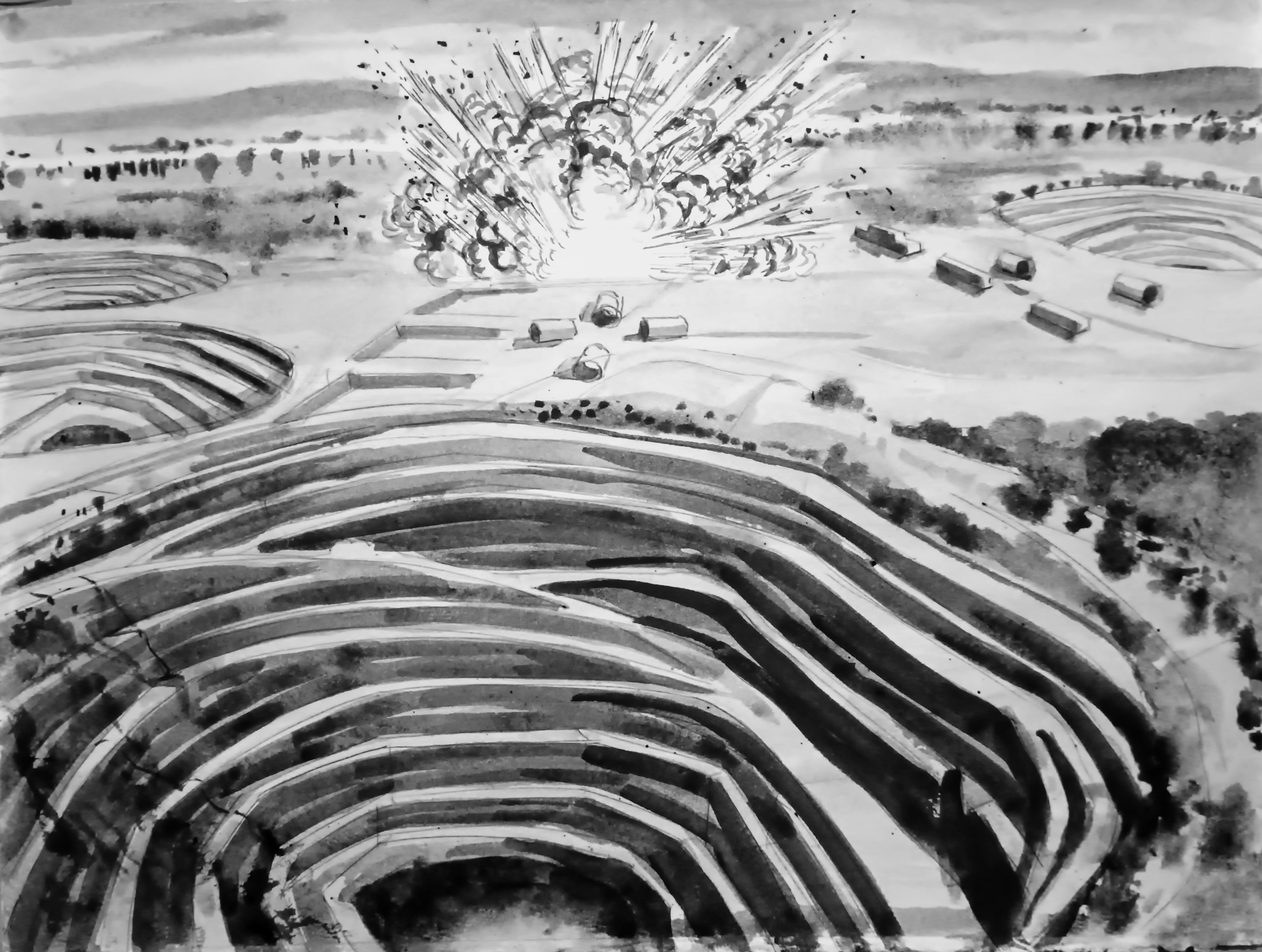 herd of sheep on road painting