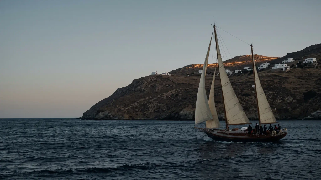 A two-masted sailing yacht under way below an island headland at dusk