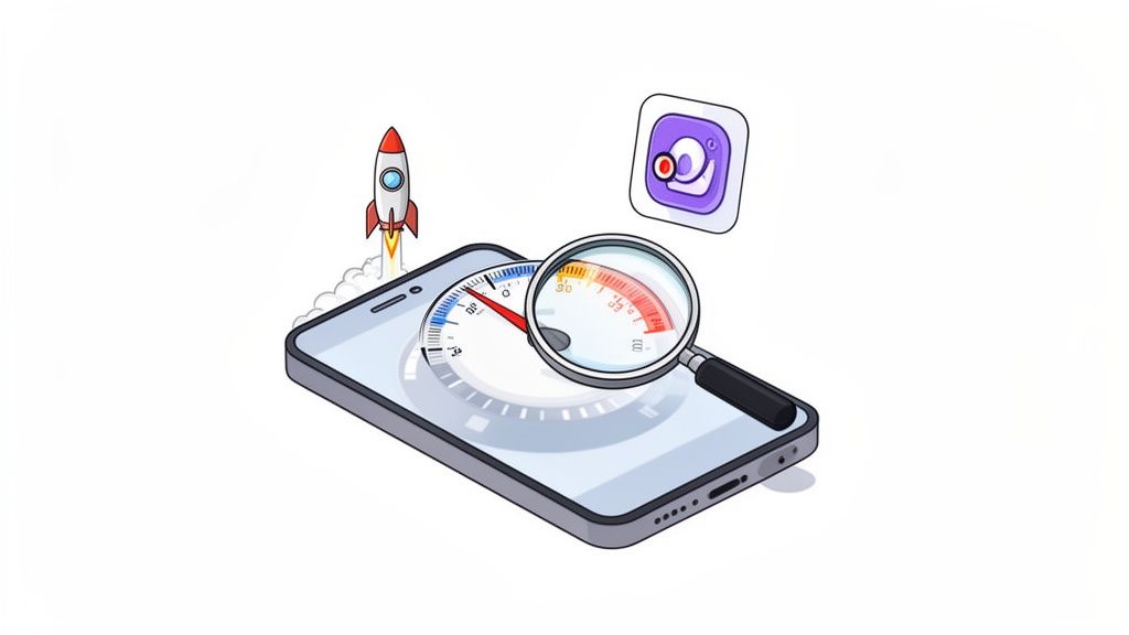 A smartphone with a speed gauge, magnifying glass, rocket, and app icon, symbolizing performance.