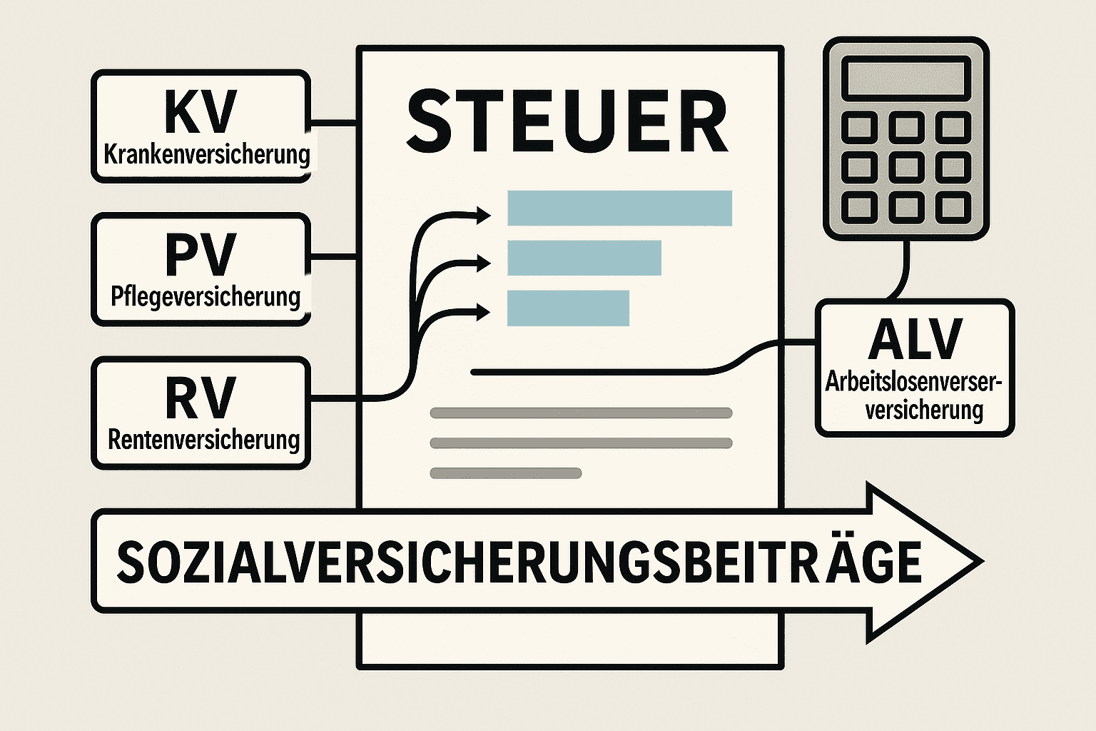 Infografik zu Kranken-, Pflege-, Renten- und Arbeitslosenversicherung und deren Einfluss auf die Steuerberechnung im Rahmen der neuen Vorsorgepauschale ab 2026.