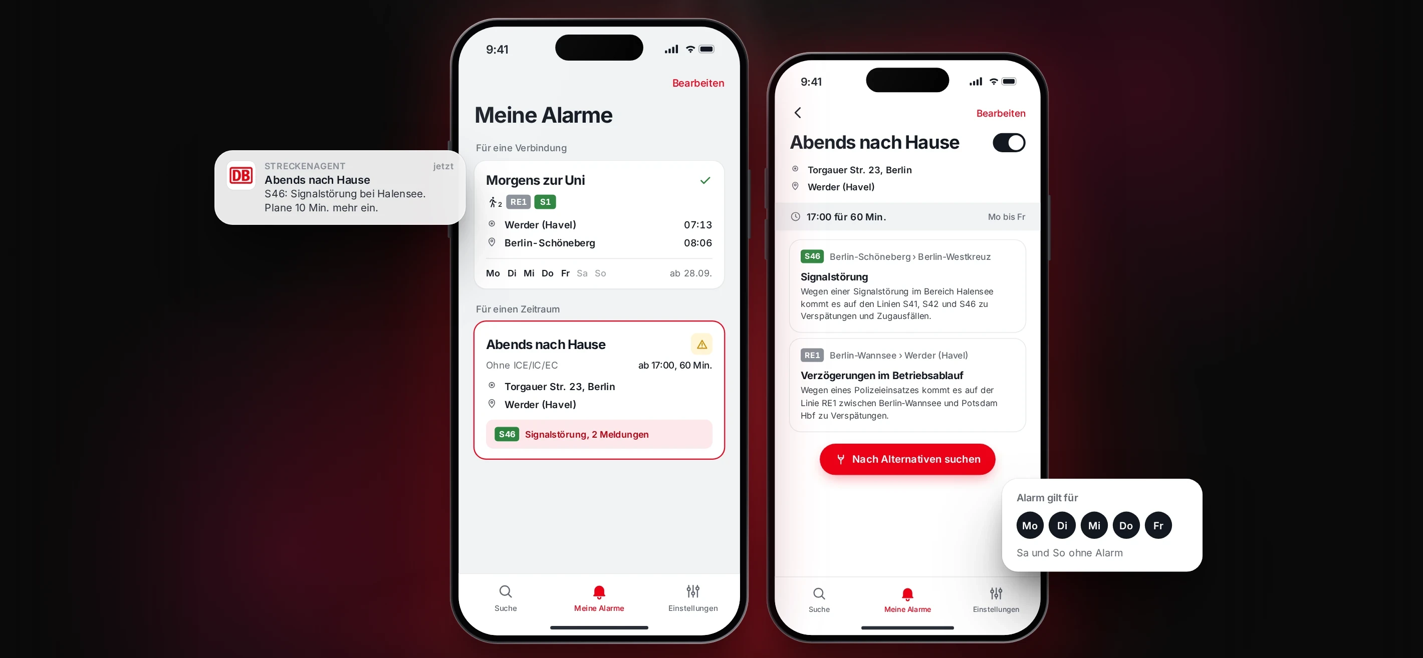 Illustrative interface: Streckenagent alarms for a connection and a time frame, with a signal failure on the evening route
