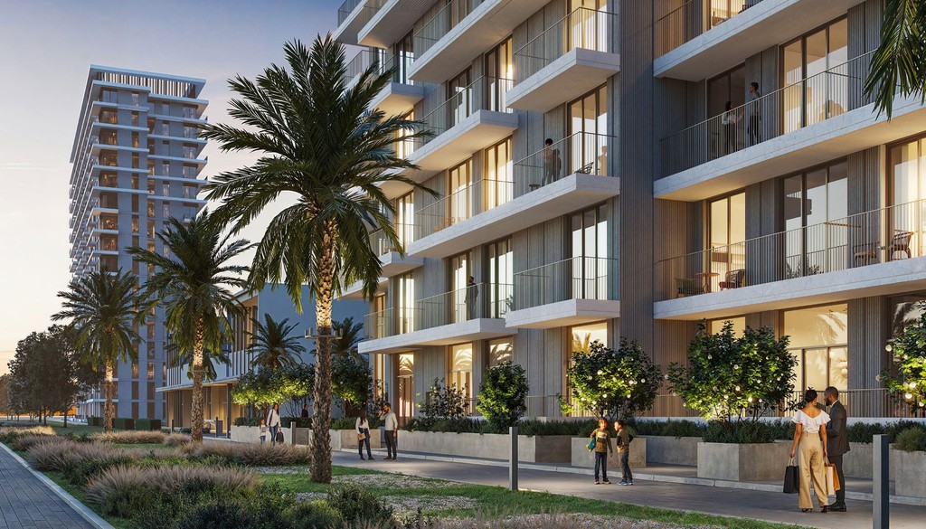 Parkland property : modern building, palm trees, clear blue sky. Urban real estate.