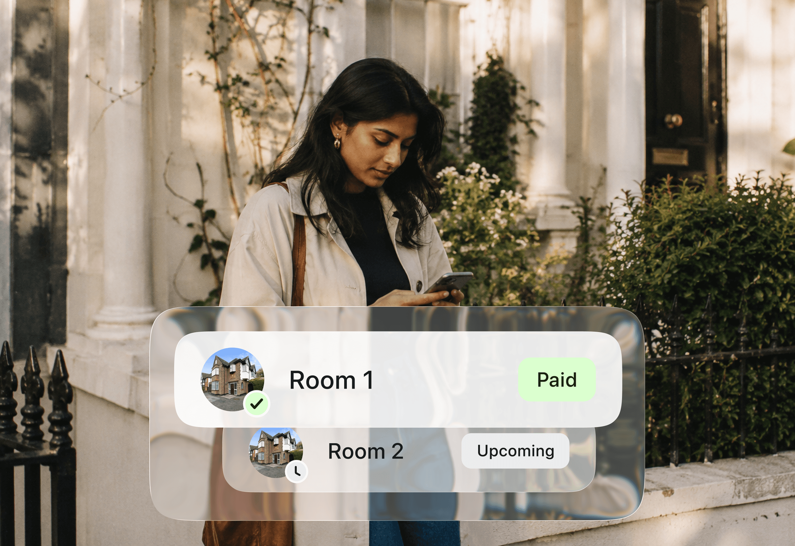 A landlord adds tenancies in August on her phone, with rent tracking showing Room 1 paid and Room 2 upcoming for an HMO property.