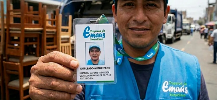 Personal de Traperos de Emaús mostrando su credencial oficial de identificación.