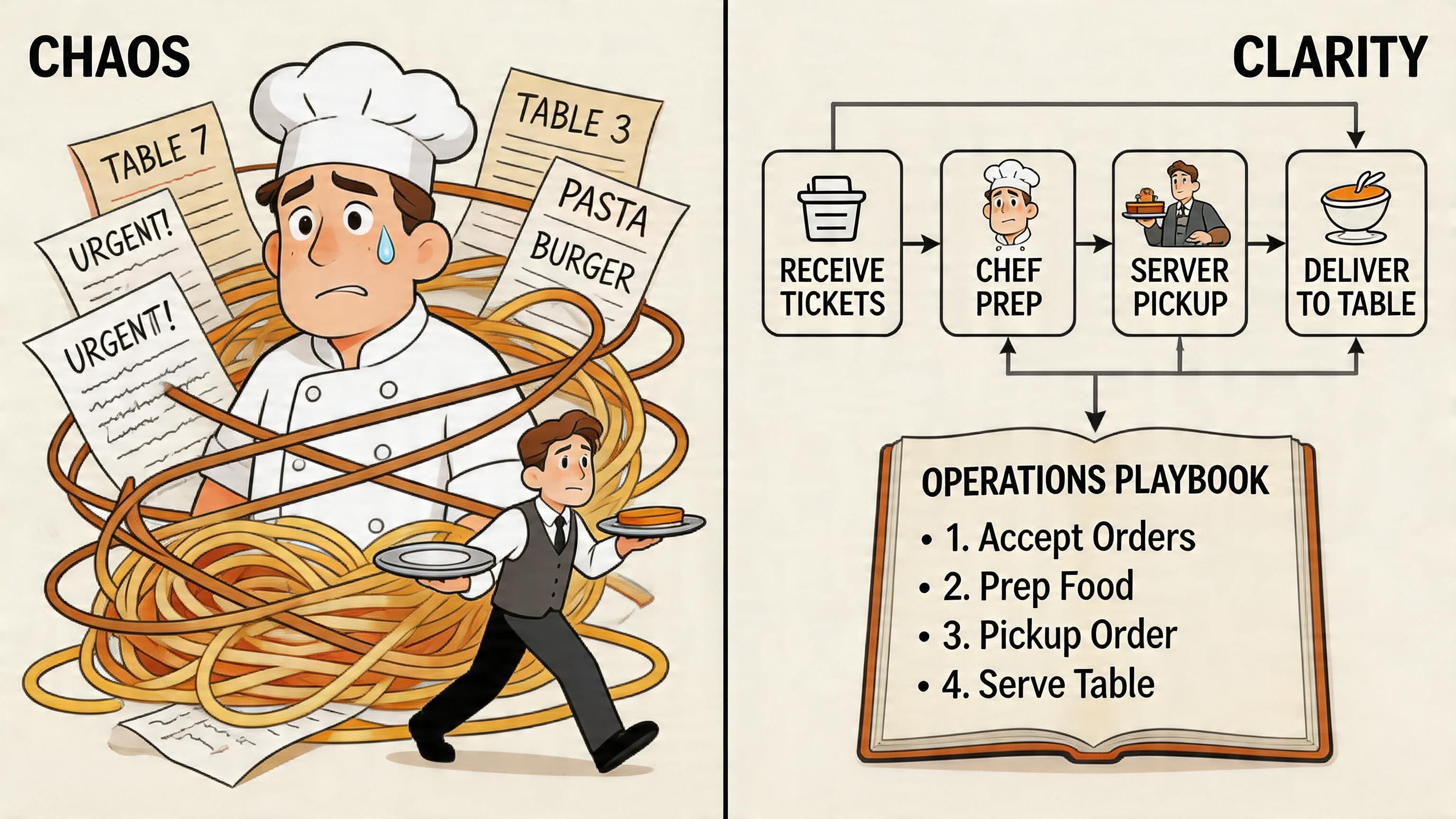 A split image contrasting chaotic restaurant kitchen operations with a clear, organized workflow and operations playbook.