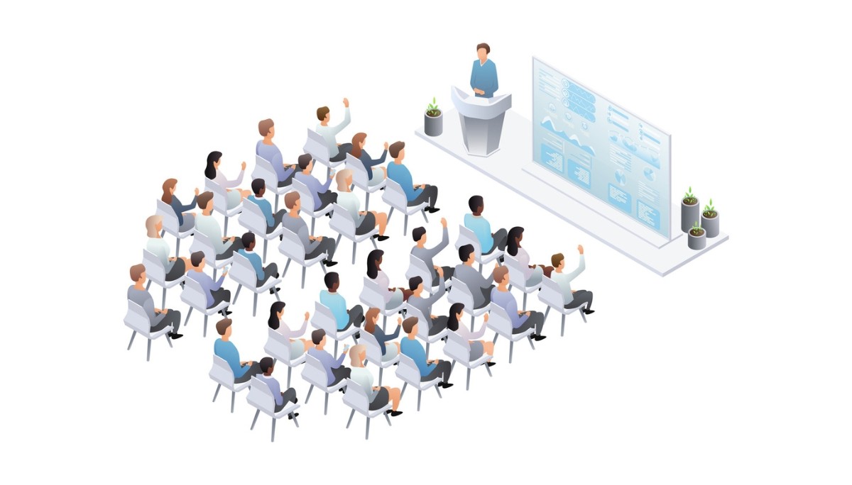 Illustration of a speaker presenting charts and data to an engaged audience in a seminar setting—symbolizing continuing professional development (CPD) through learning, participation, and skill-building activities.