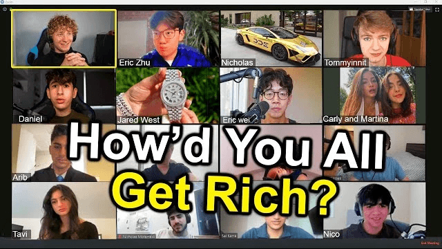 Avi Patel shares a video with Ryan Mitchell featuring a Zoom room with over 100 millionaires, CEOs, YouTubers like TommyInnit and Skeppy, and top artists.