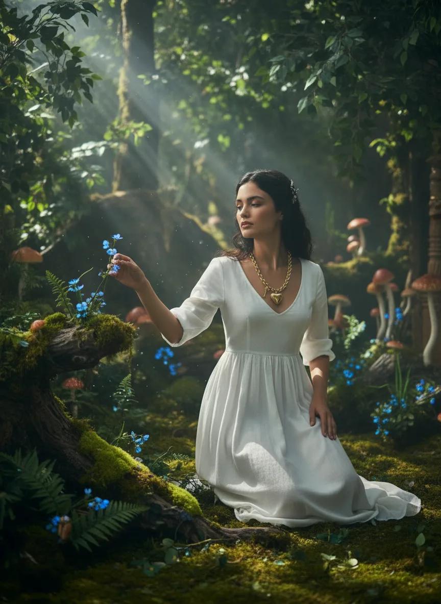 scene4-ai product photography-jewelry necklace campaign creation-featuring a high fashion model in a fairytale setting-8