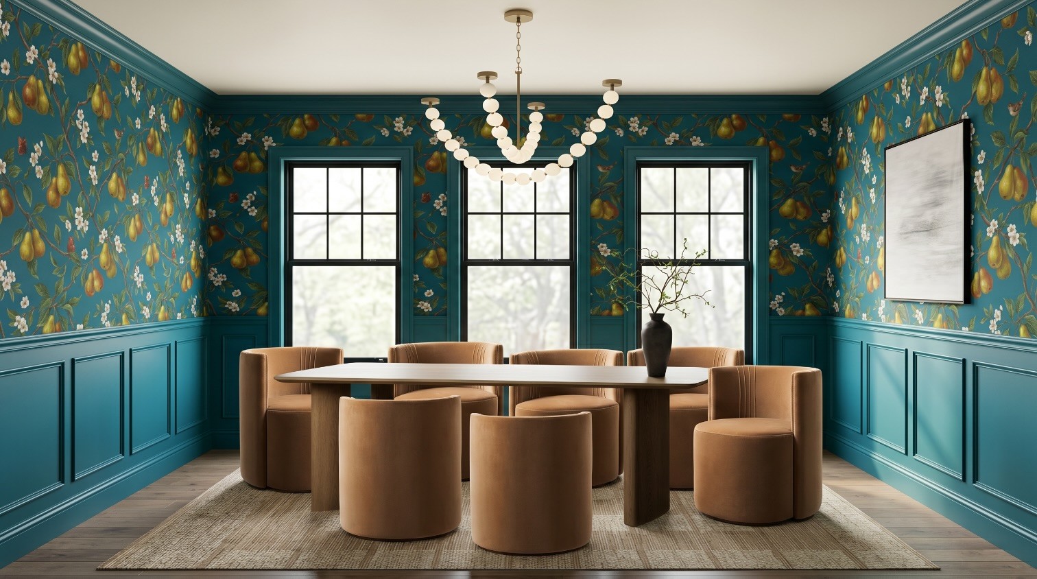 First AI render of the teal pear-wallpaper dining room, sharp and detailed but with the furniture and vase positioned incorrectly