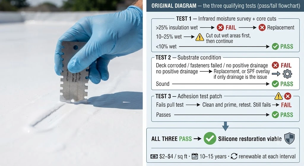 Wet mil gauge being used to verify silicone coating thickness during application on a Florida commercial roof