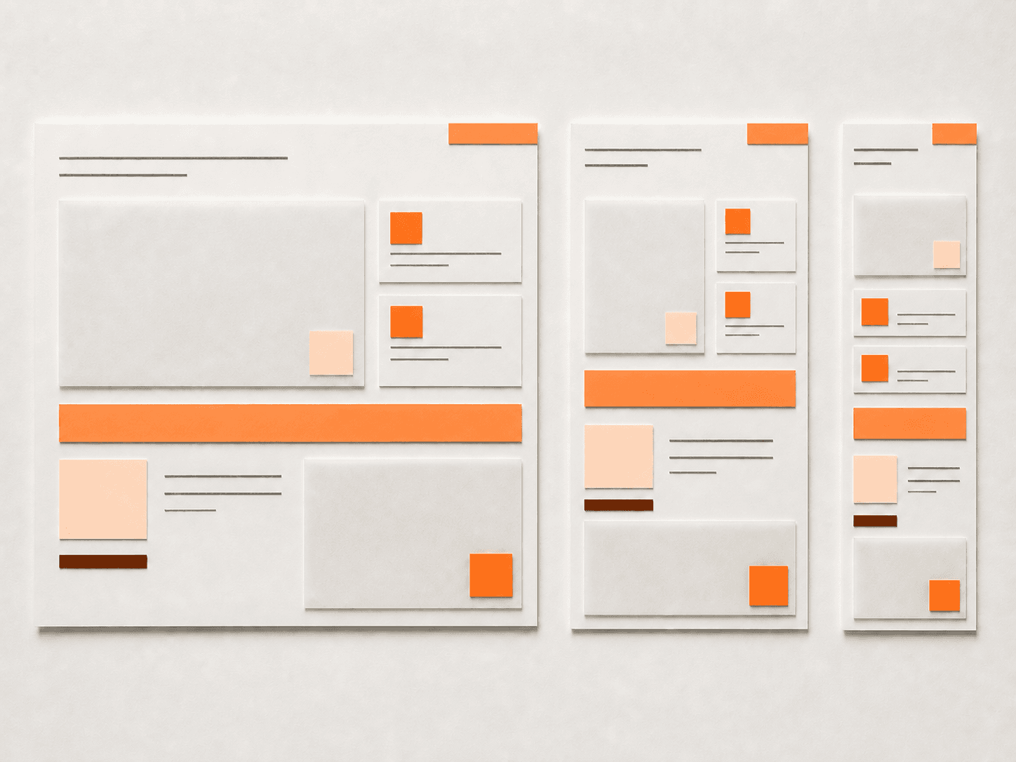 Responsive Website-Layouts aus Papiermodulen mit Aprikot-Akzenten.