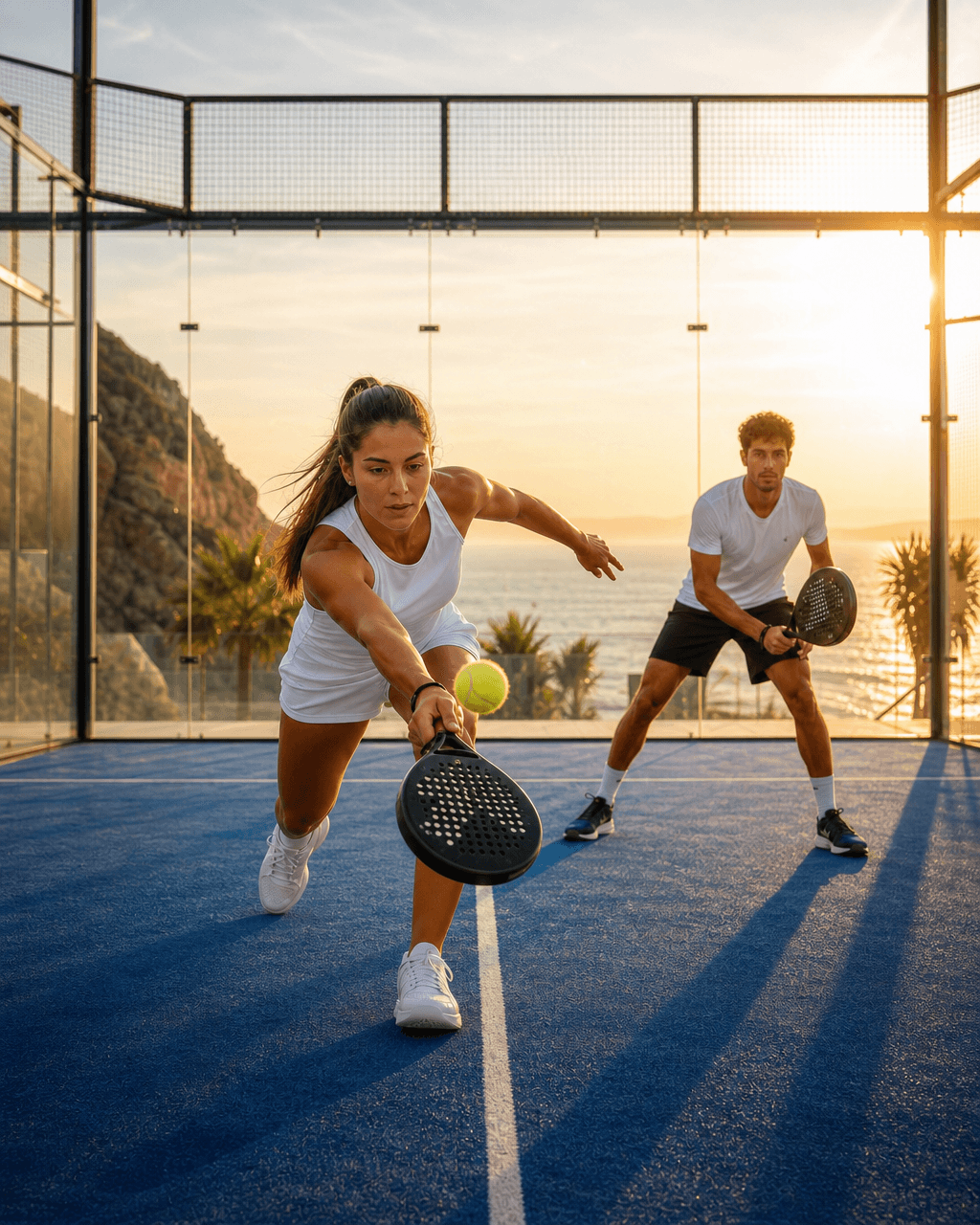 Two people playing padel by the sea at sunset