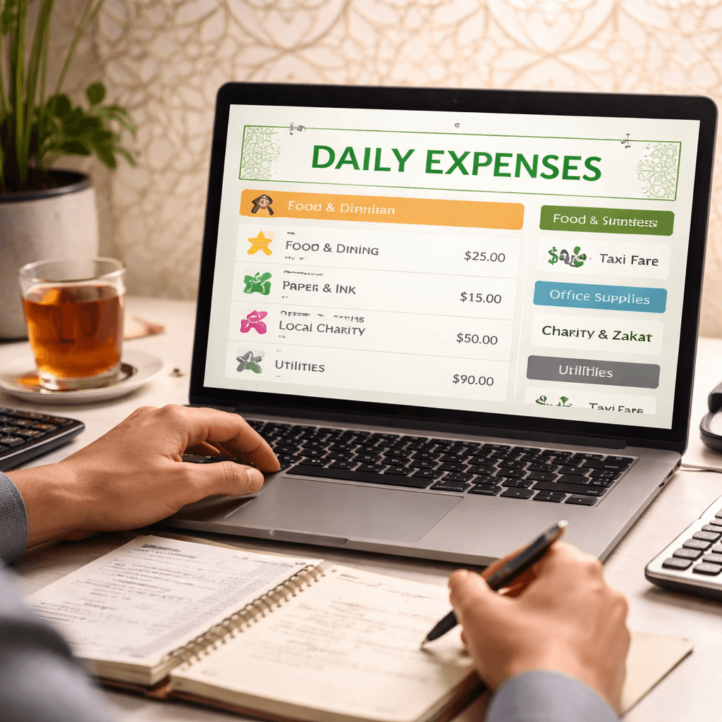 A photorealistic scene of a person using a laptop to log daily business expenses, with clear category labels and a subtle Islamic geometric pattern in the background, reflecting sharia compliant expense tracking. Alt: Sharia compliant expense tracking visual.