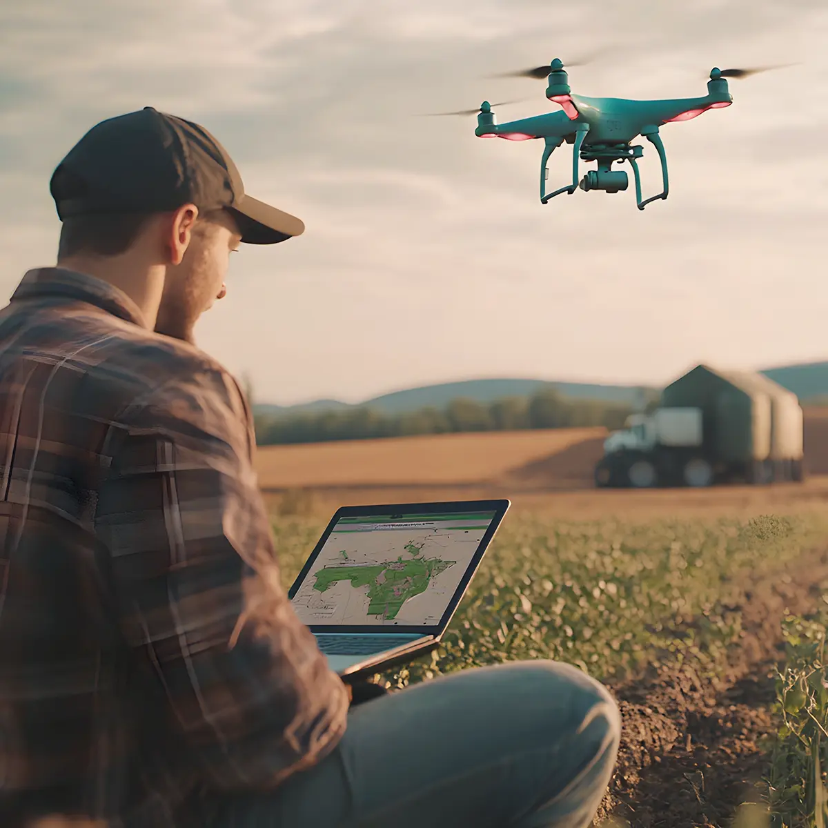 Person sitting in a crop field using a laptop while monitoring a flying drone overhead, with farmland and a truck in the background.