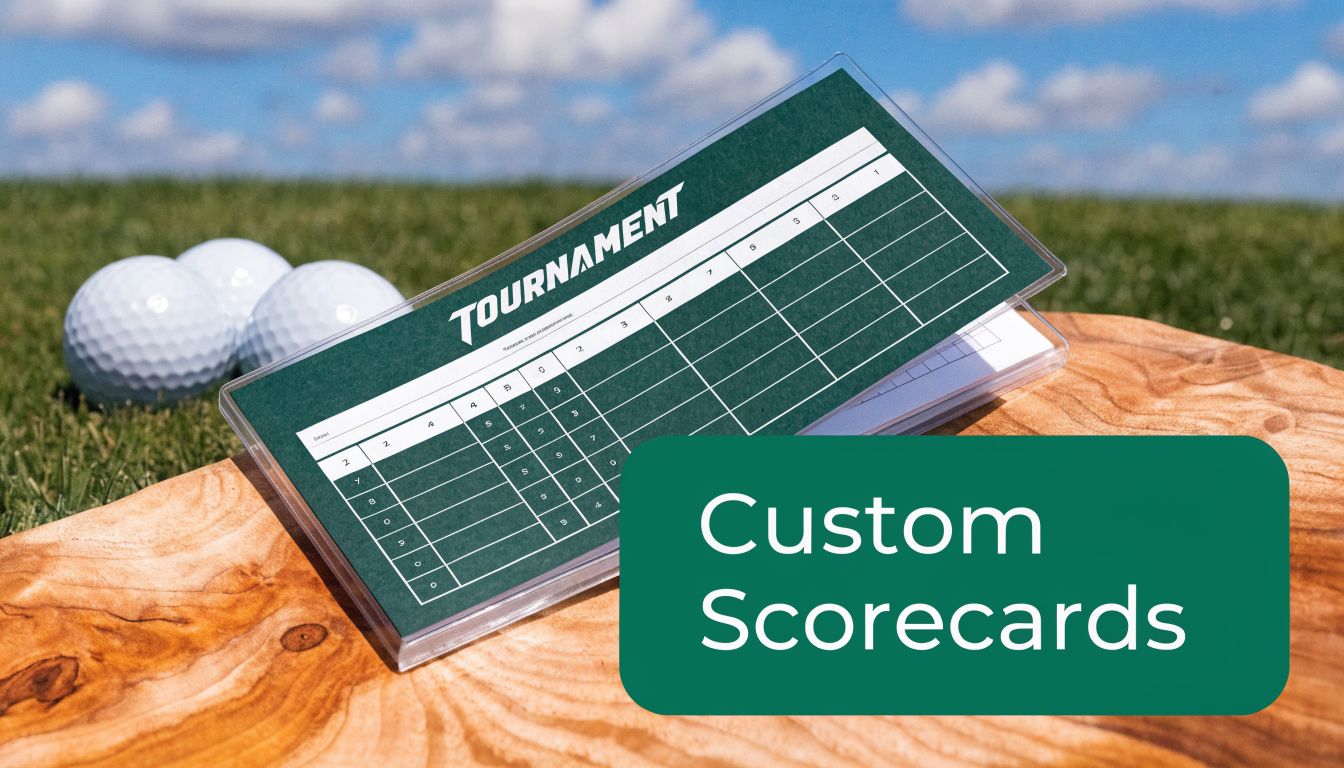 A custom tournament golf scorecard inside a plastic cover resting on a wooden surface with golf balls.