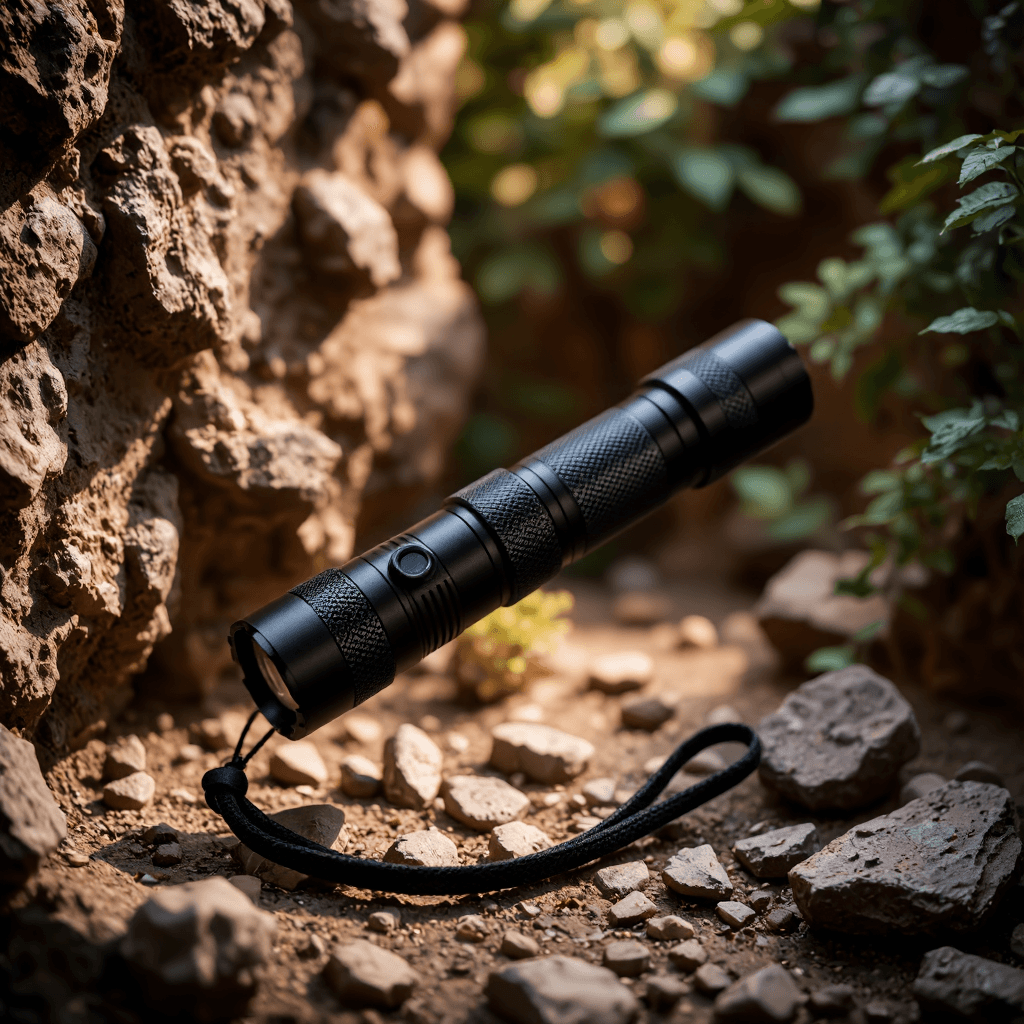 product photography of a compact tactical flashlight