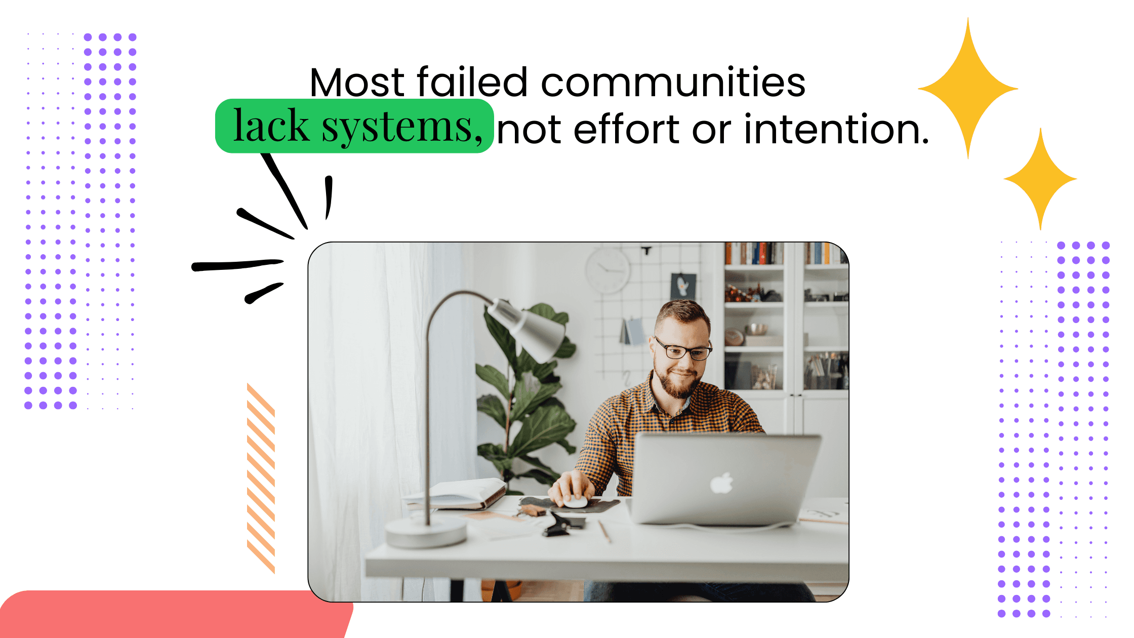 Coach working at a desk with a laptop, showing how many coaching communities fail due to missing systems, not lack of effort.