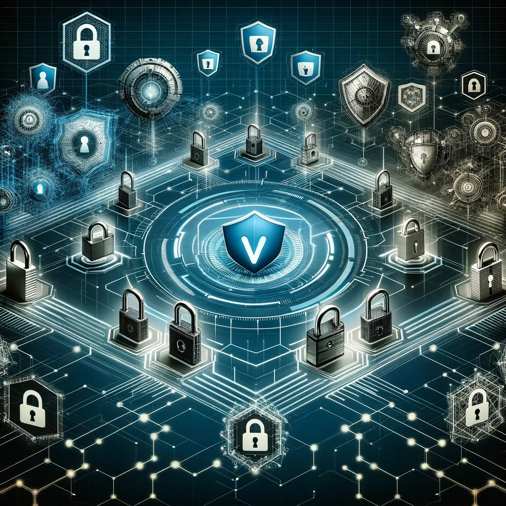 An image representing cybersecurity competition among leading companies. The illustration features various digital security elements like locks, shields, and interconnected networks, symbolizing robust protection, secure access control, and advanced cybersecurity measures. The central shield with a "V" highlights a focus on defending against threats, emphasizing the importance of maintaining a strong security posture in a competitive landscape.