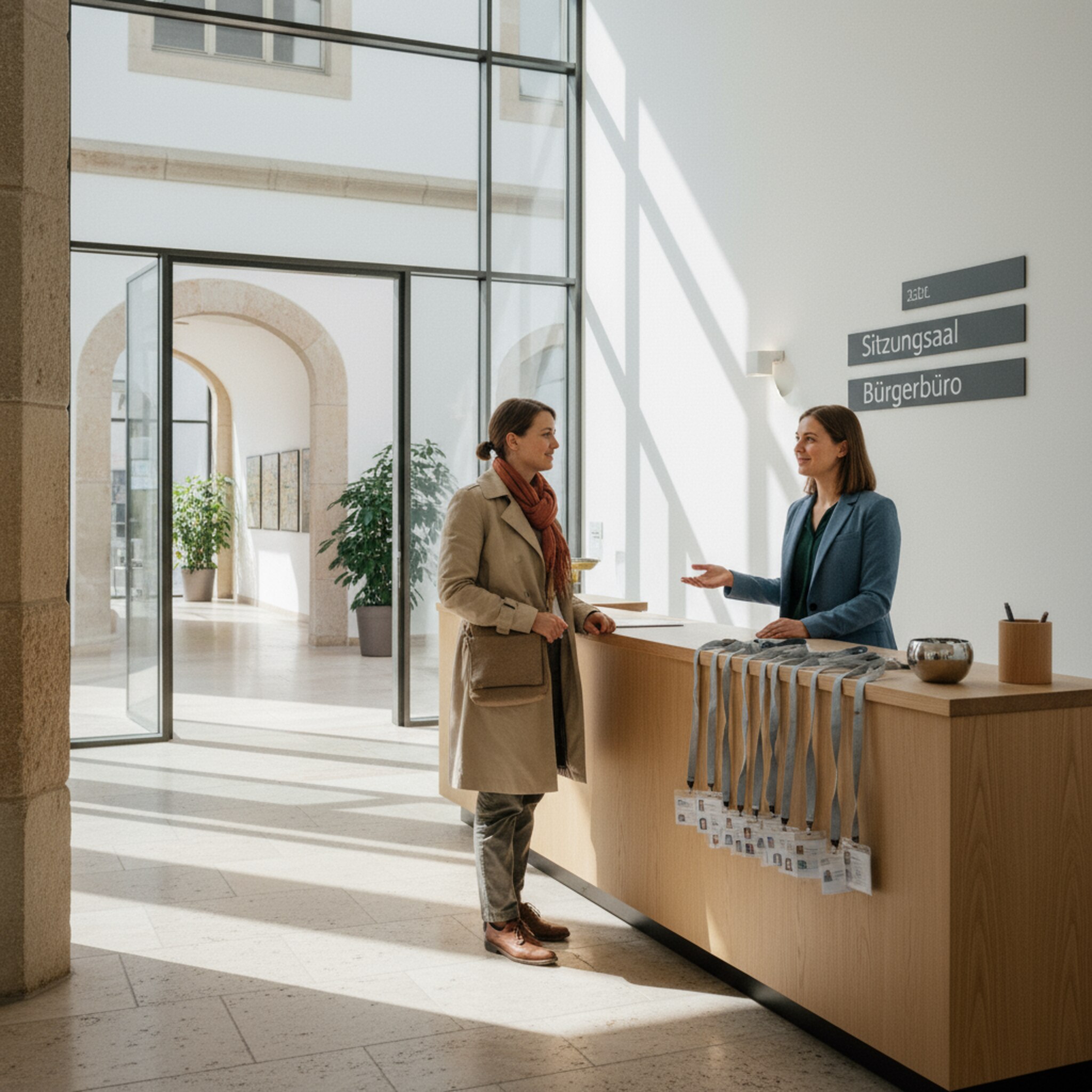 Die Empfangshalle des Rathauses wirkt ruhig und aufgeräumt. Eine Mitarbeiterin begrüßt einen Besucher, während dezente Wegweiser zu Sitzungssaal und Bürgerbüro führen. Auf dem Tresen liegen vorbereitete Ausweiskarten auf Kordeln. Durch die Glasfront fällt Tageslicht auf den Steinboden. Im Hintergrund öffnet sich eine Tür zu einem hellen Flur.
