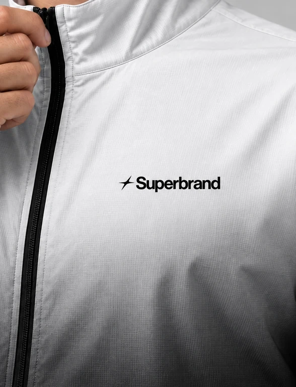 A white zip jacket fading to black, with the Superbrand logo on the chest.