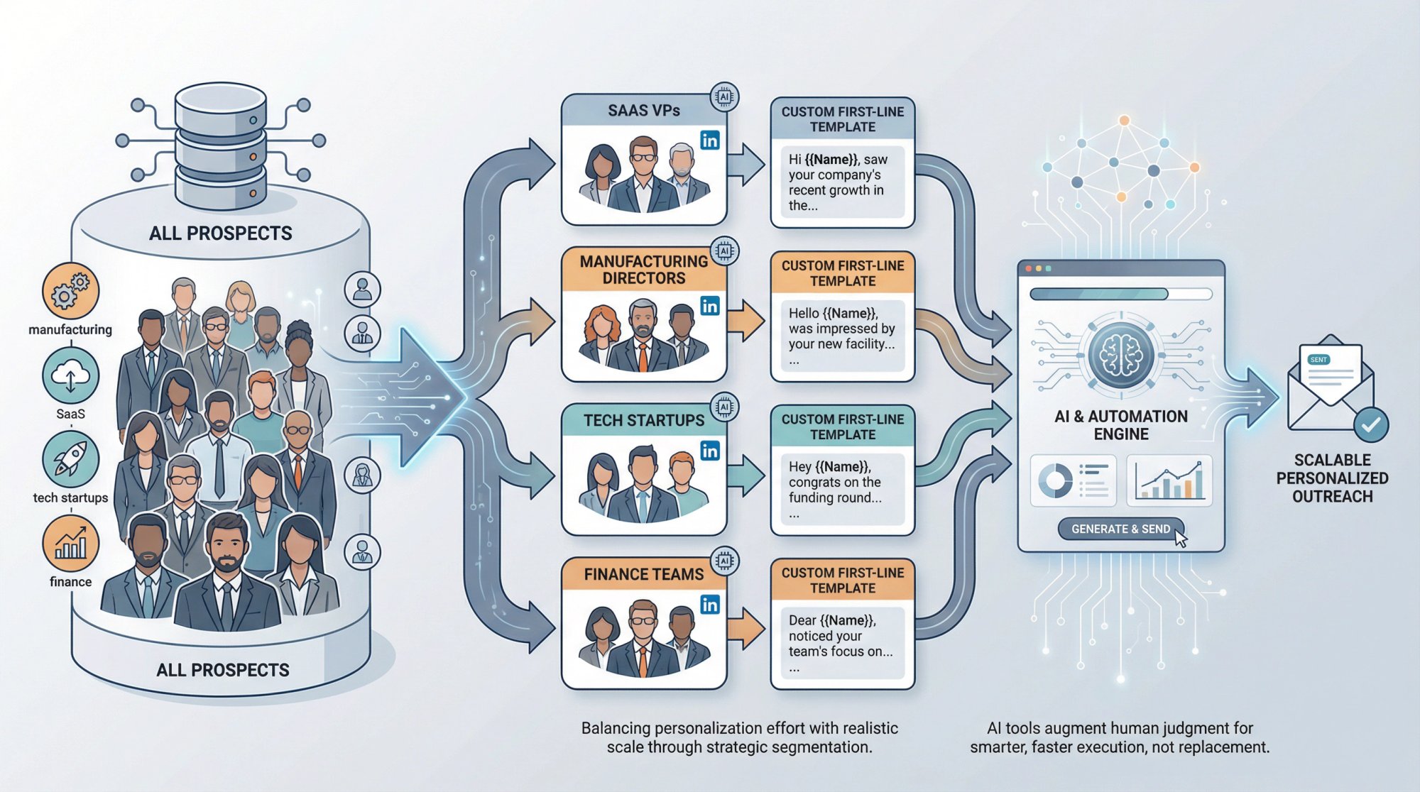 Workflow diagram showing prospect segmentation and AI-powered template generation for scaled personalization