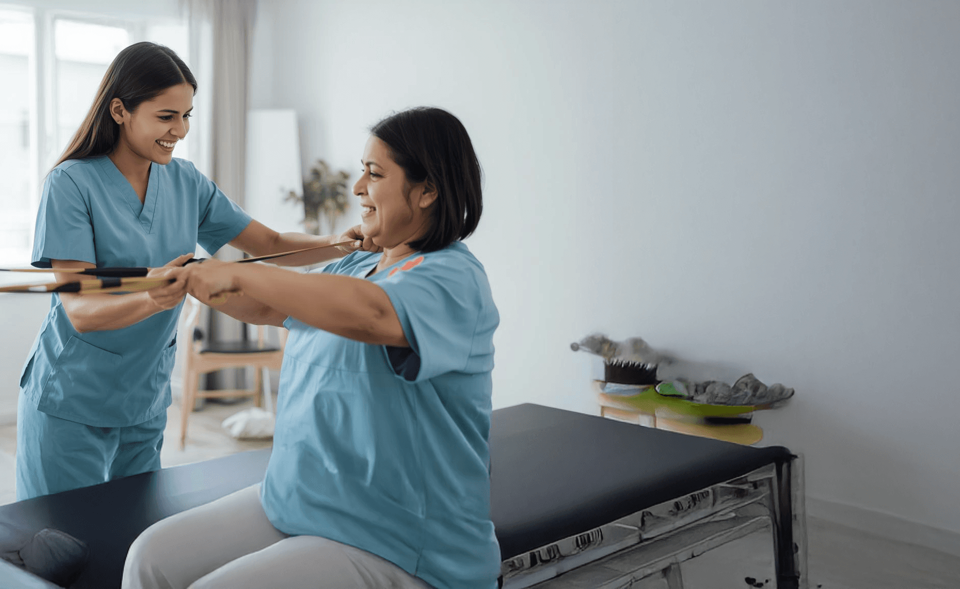 Female physiotherapist assisting an older woman with shoulder and arm strengthening exercises during a physical therapy session.