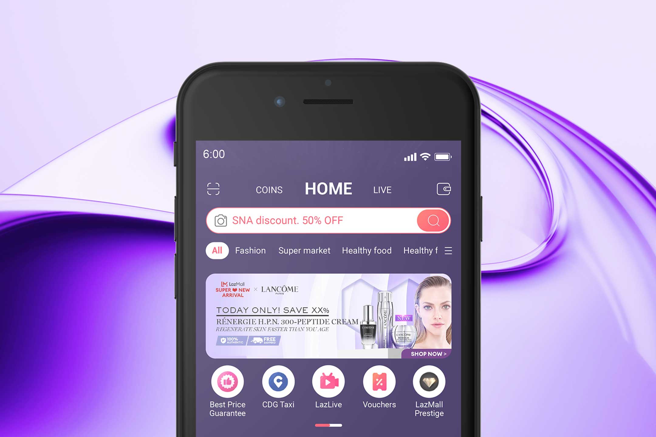 lancome x lazada homepage banner design on iphone 8 mockup