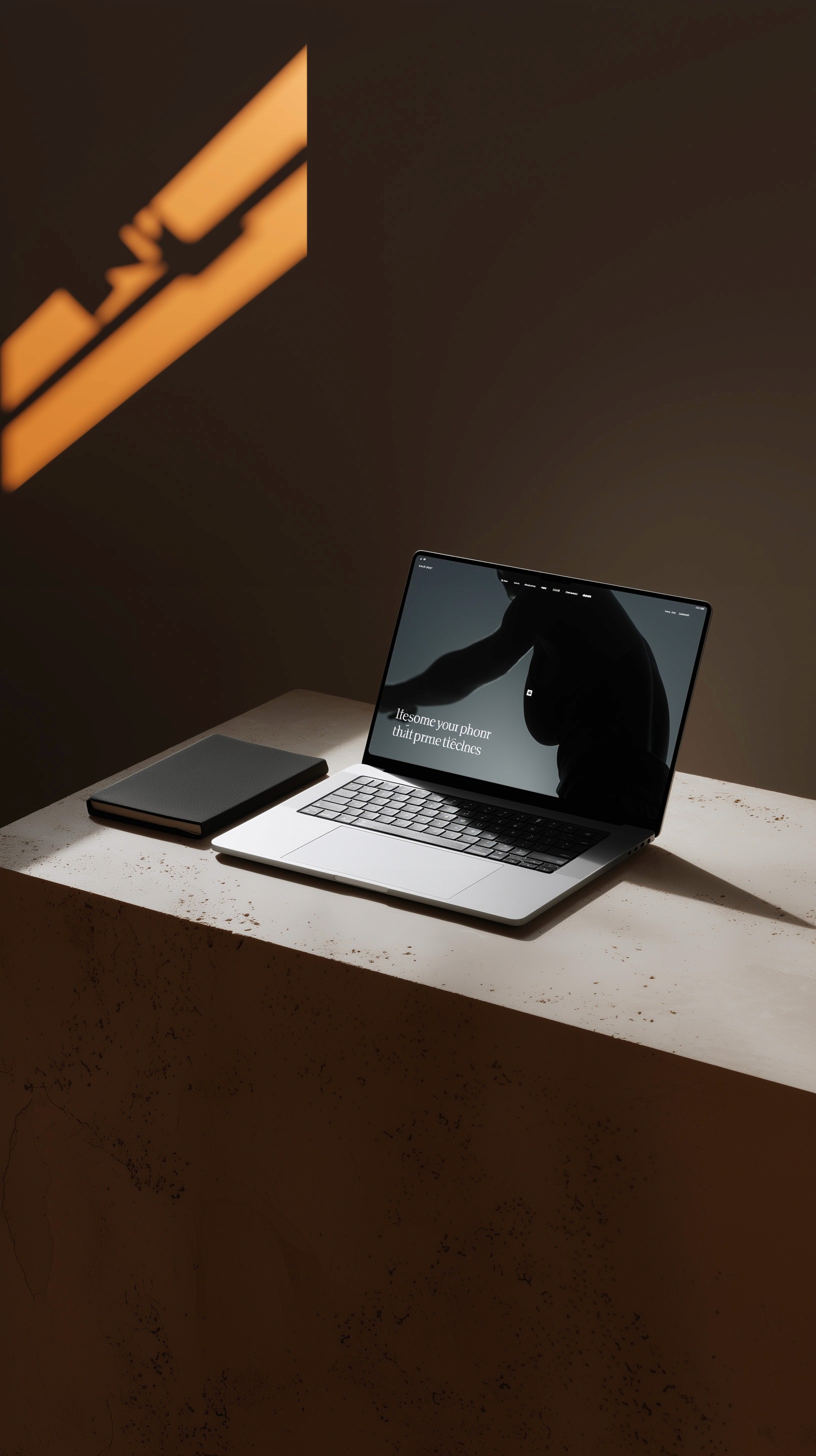 Minimalist laptop mockup on a stone pedestal with dramatic warm sunlight and shadow patterns.