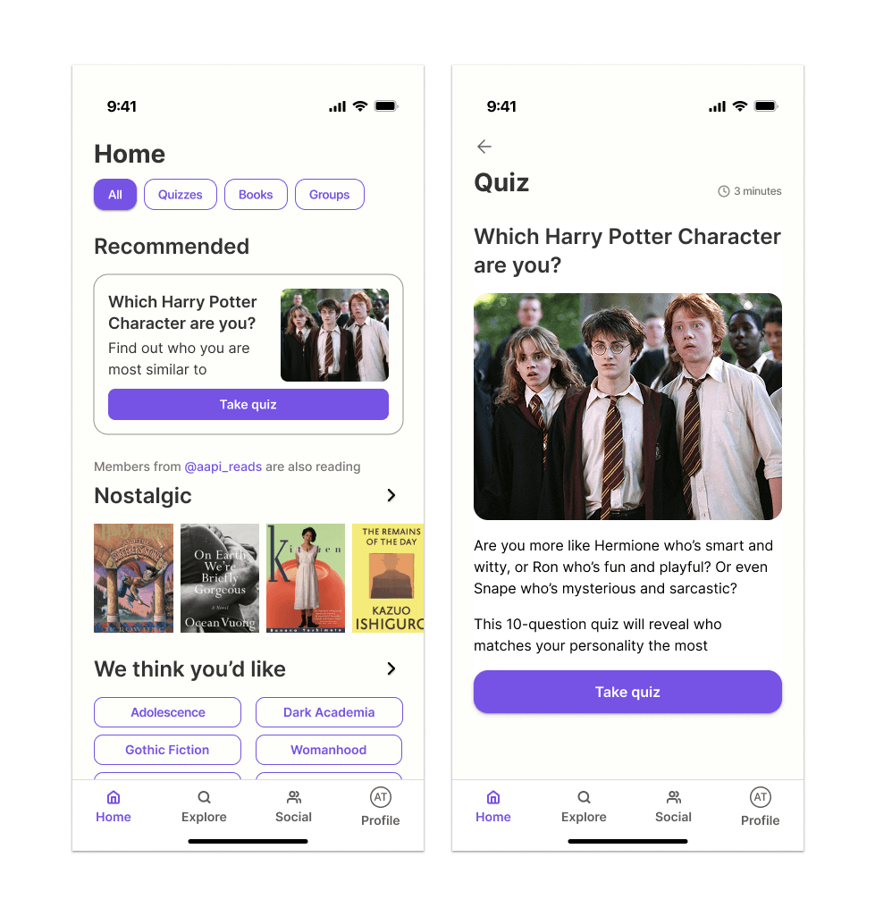Mobile screens of Bookly's home and quiz page