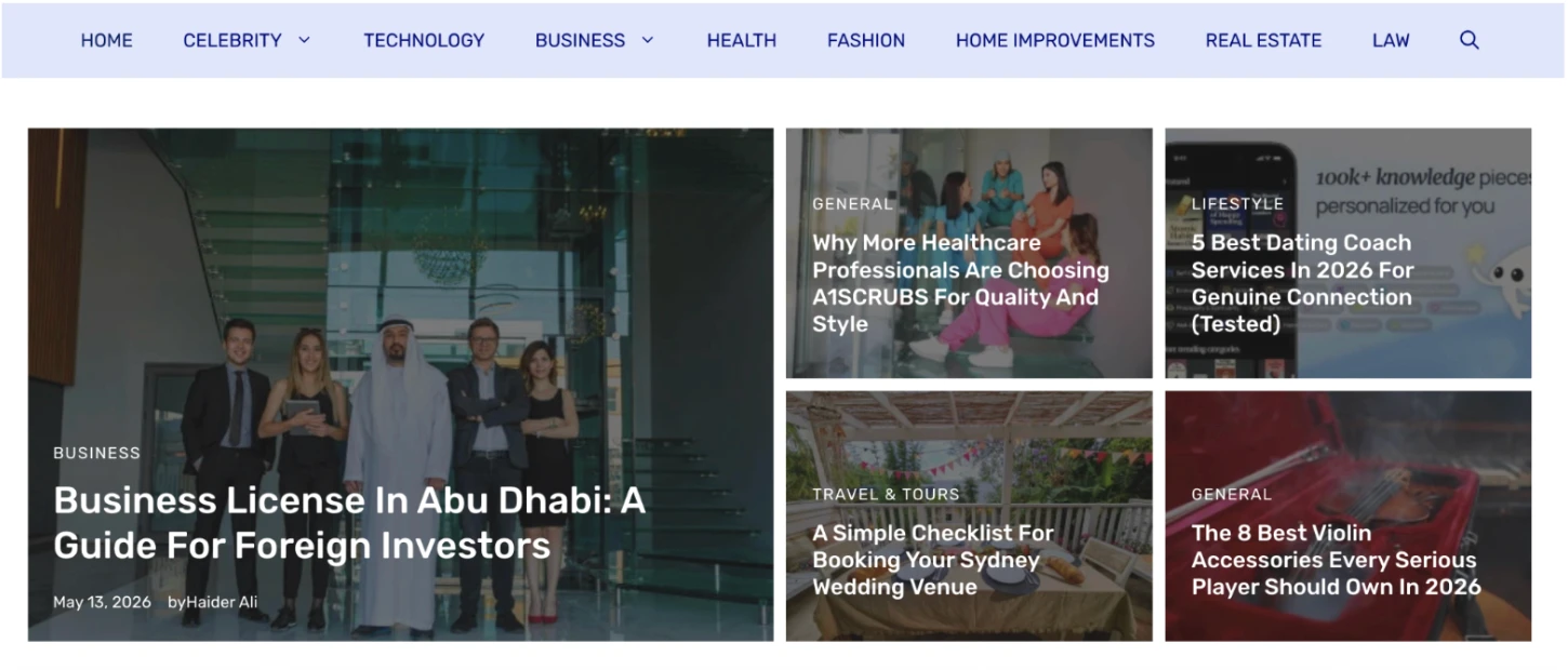 An example of a low-quality guest post network website showing disconnected article topics ranging from business licenses in Abu Dhabi to dating coaches and violin accessories.