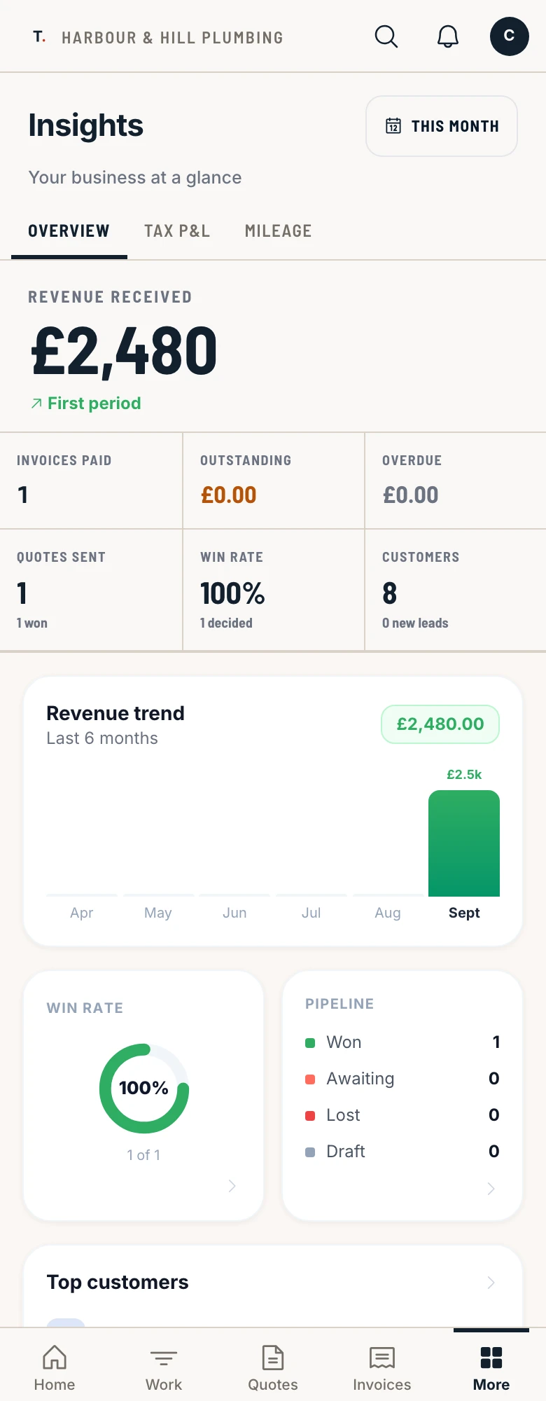TradePilot Insights example: revenue £2,480, one invoice paid, outstanding £0 and overdue £0.