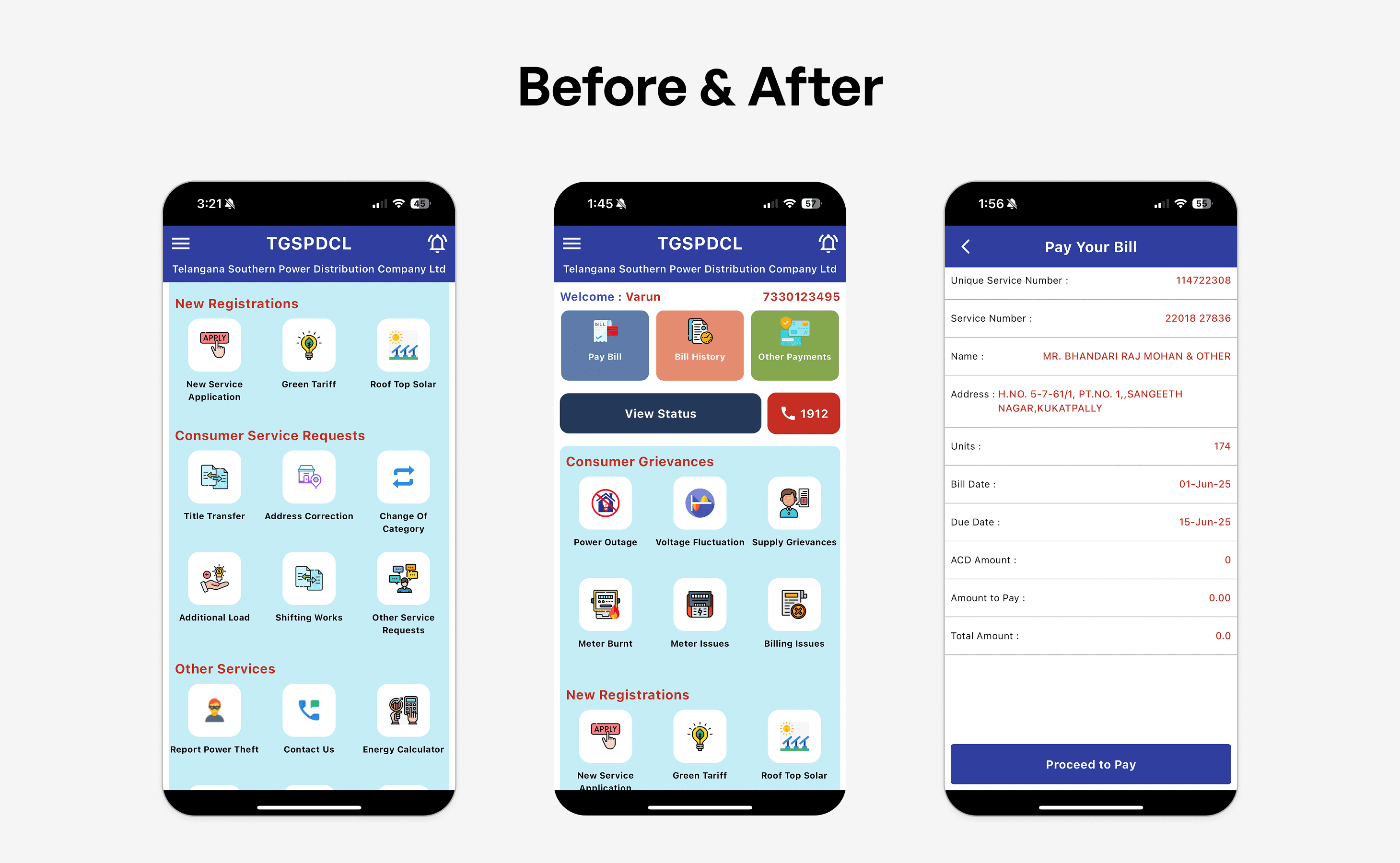 Telangana Electricity app old interface design