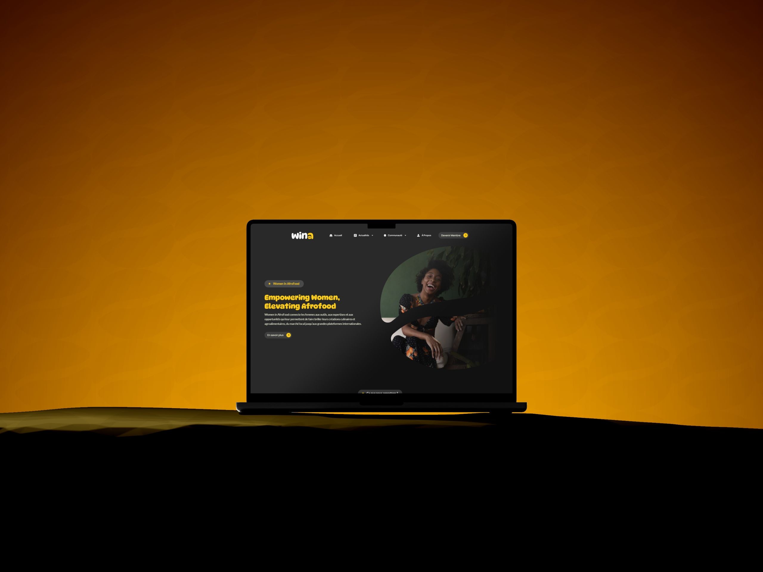 Site de l'association Women In Afrofood (WINA) sur ordinateur portable, designé et développé par Ilies Manata, freelance Ux / Ui Designer et Développeur Expert Framer