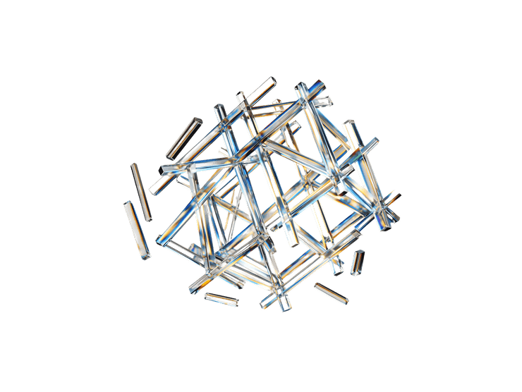 cluster of clear glass rods crossing at angles to form an abstract cube shape