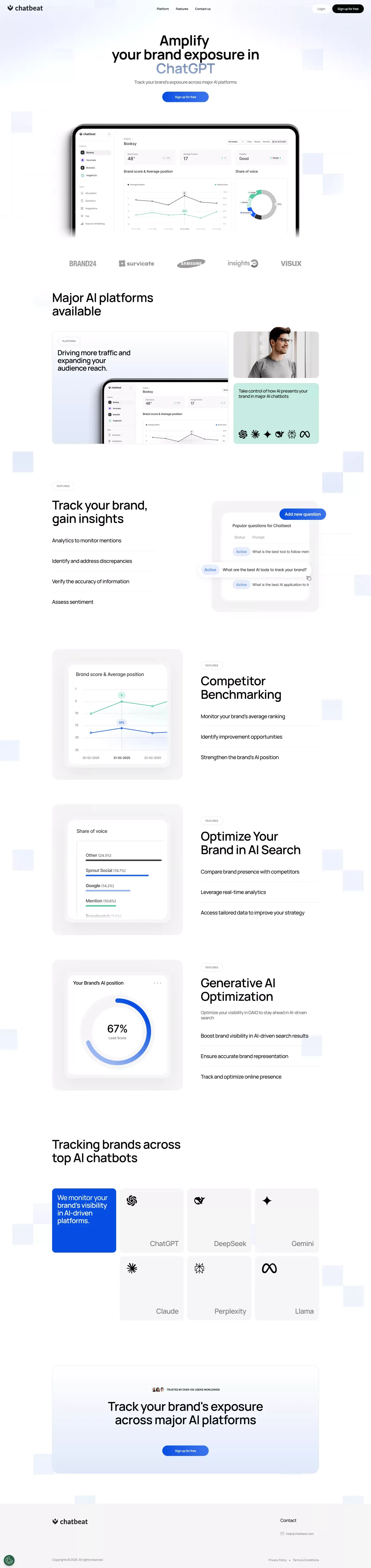 Track & Optimize Your Brand’s Visibility landing page screenshot showcasing AI and Tech design