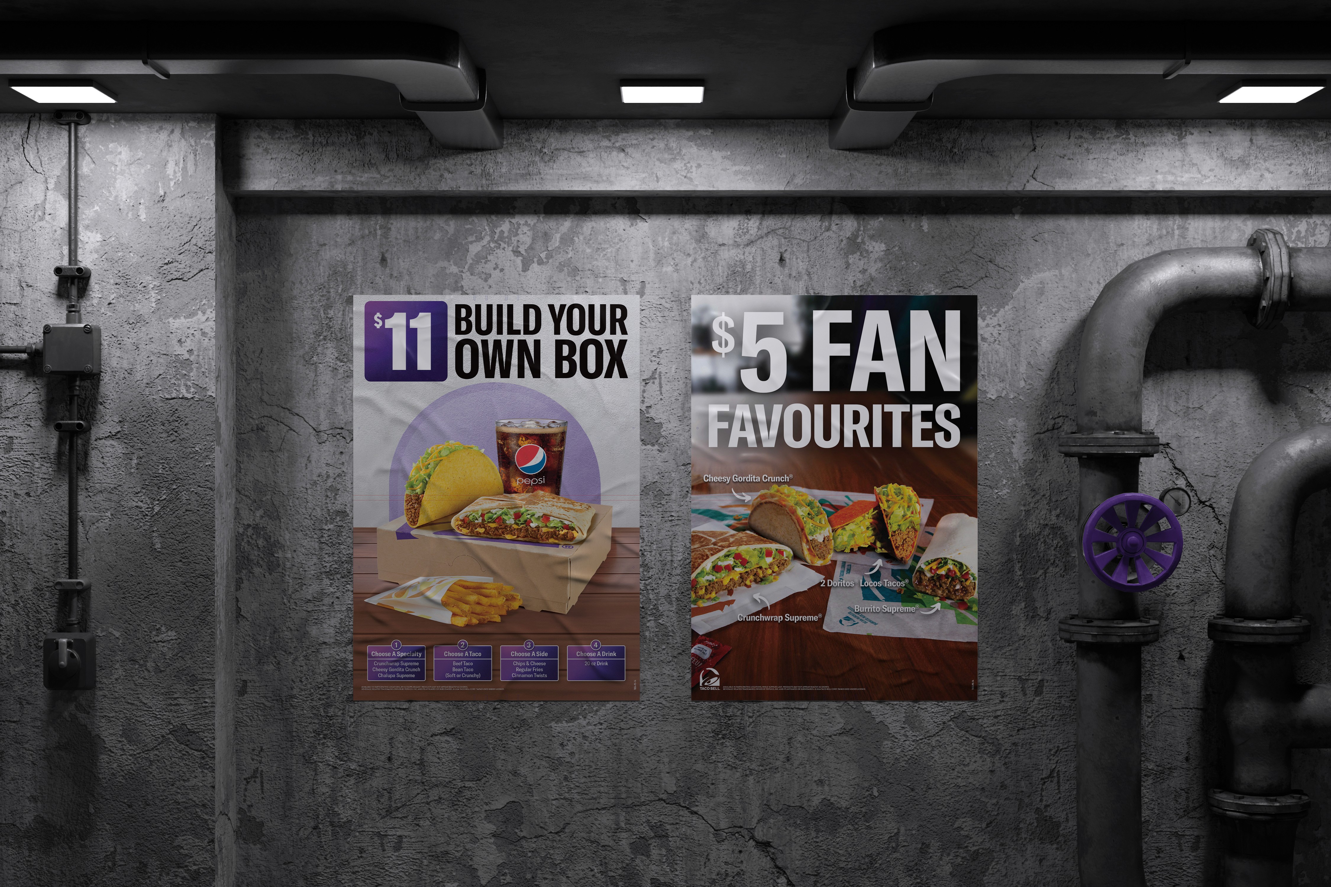 Taco Bell Poster mockuop in grungy basement
