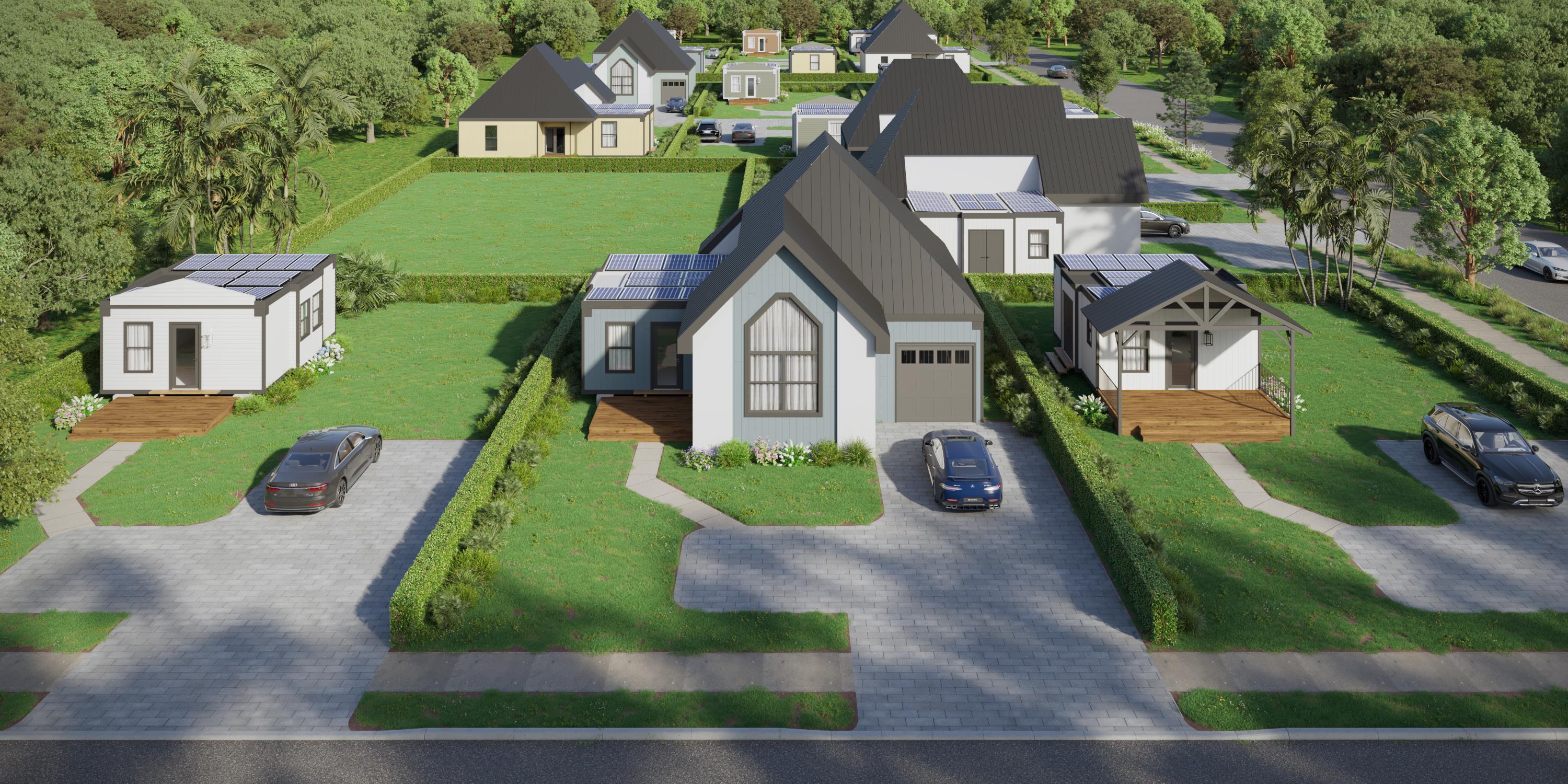Residential neighborhood illustrating how accessory dwelling units fit into suburban backyards.
