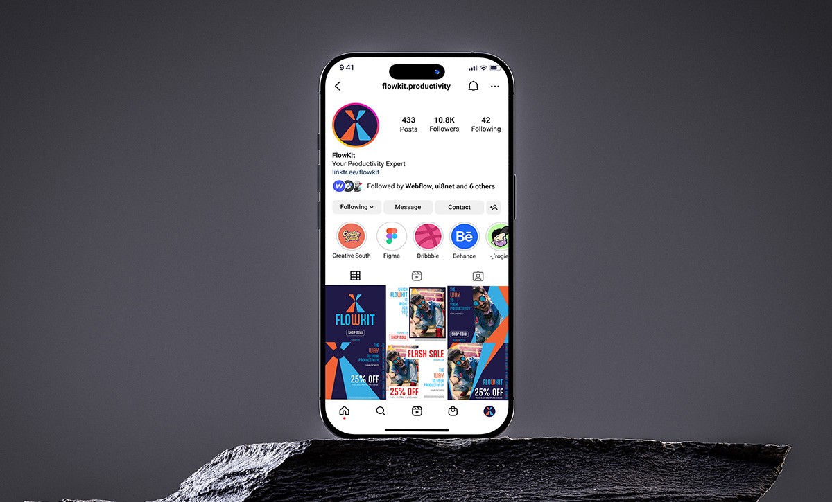 a mobile  phone with instagram Flowkit page
