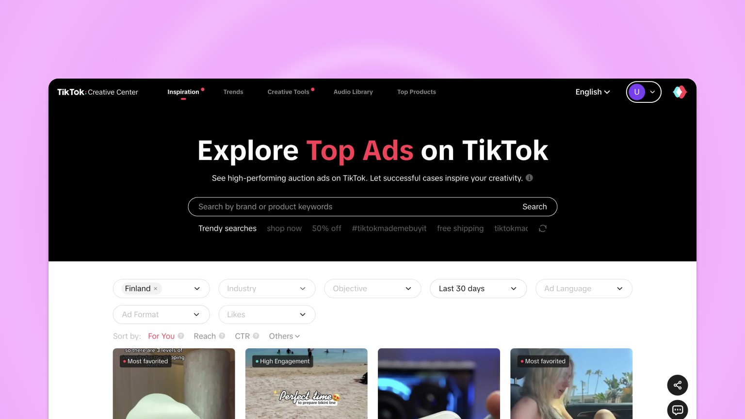 A screenshot of TikTok top ads search function