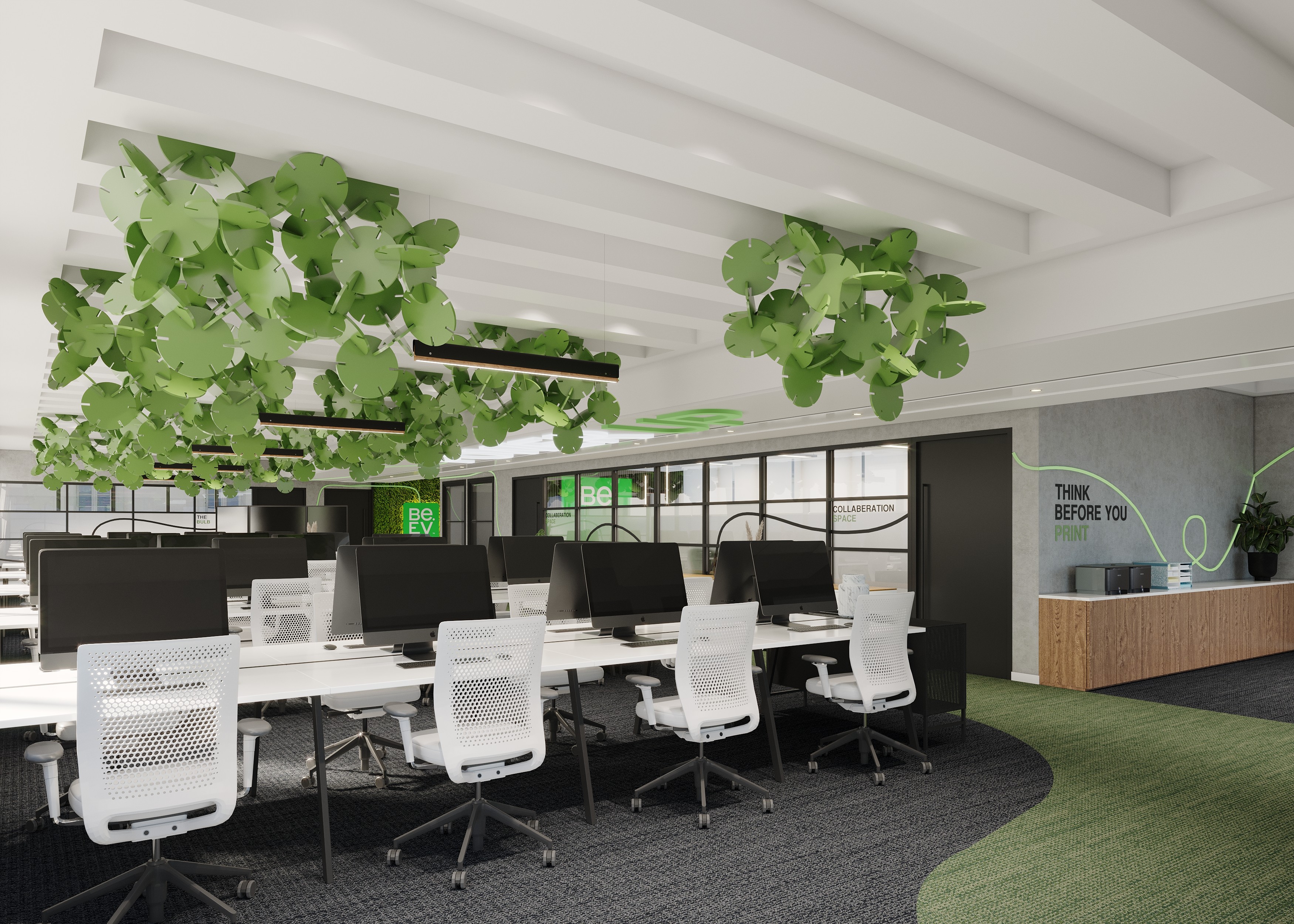 Modern city centre office in Manchester with acoustic ceiling features and sleek desks