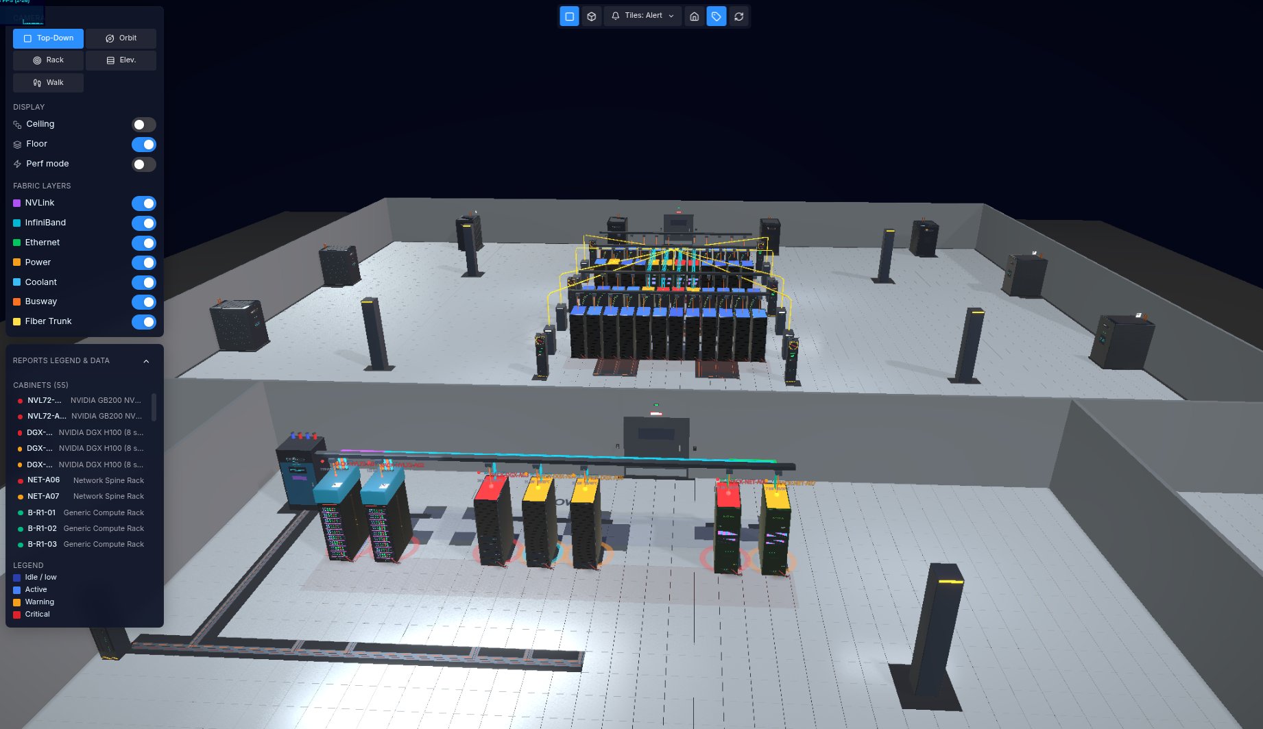 A three-dimensional model of a full AI data center hall, with NVL72 and DGX cabinets, network spines, power distribution and overhead cabling rendered in place across two rooms.