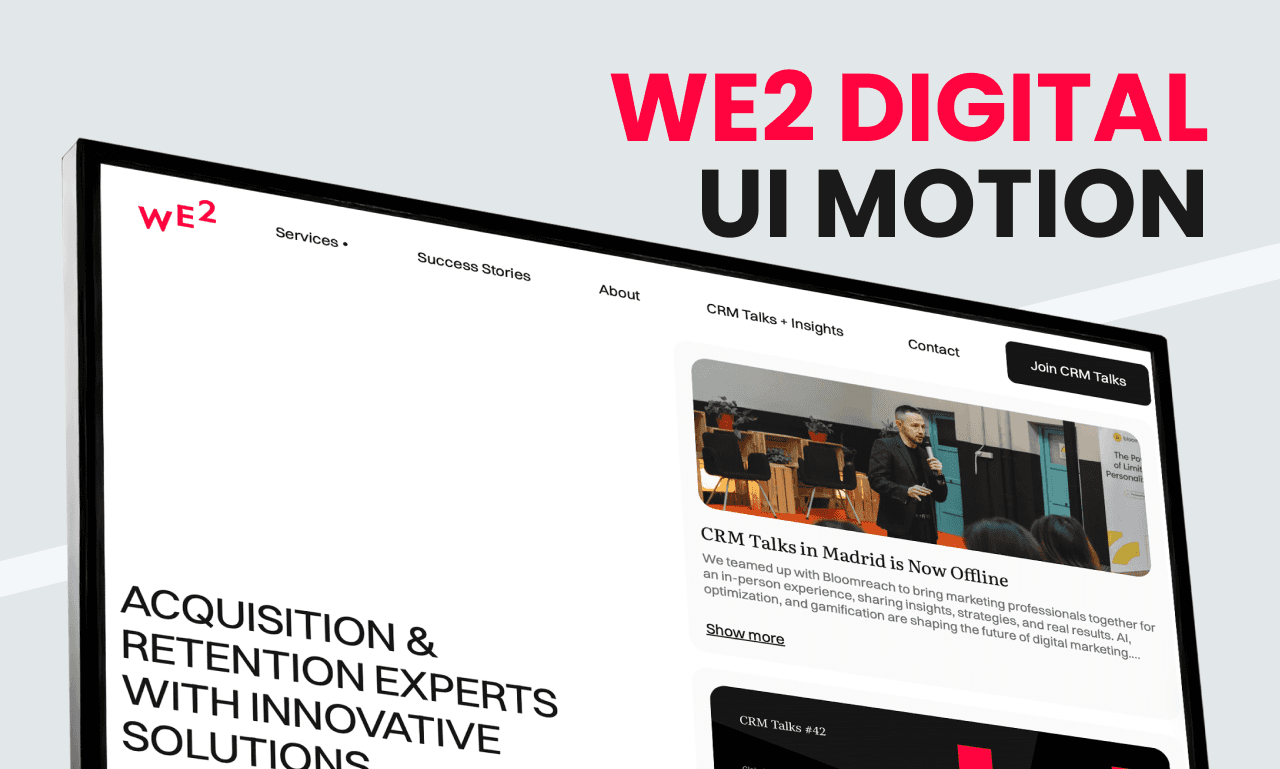 UI motion design and animation concepts for WE2 Digital website, showing header navigation and featured article cards with hover and scroll effects.