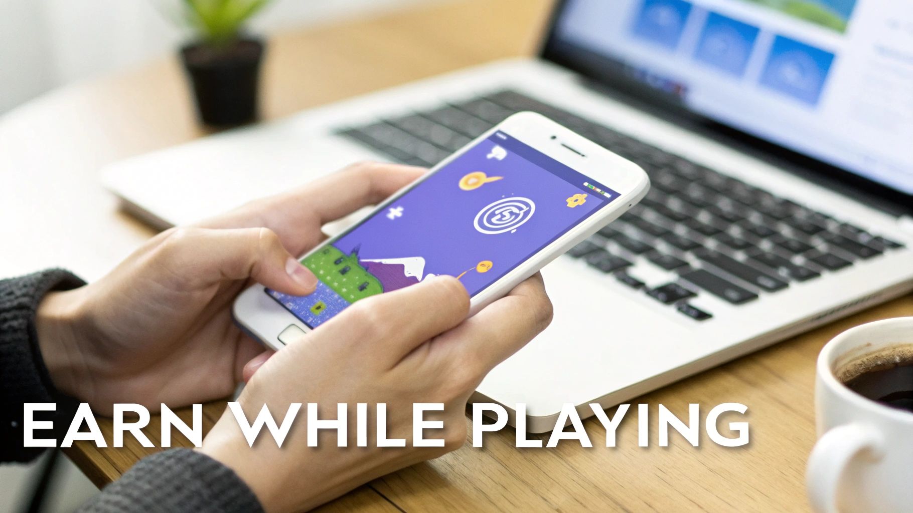 Hands holding a smartphone displaying a colorful game, with a laptop and coffee in the background. Text: Earn While Playing.