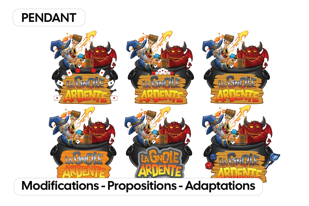 Illustration de personnages de jeu de société déclinée en plusieurs versions, avec modifications de couleurs, de composition et d’éléments graphiques.