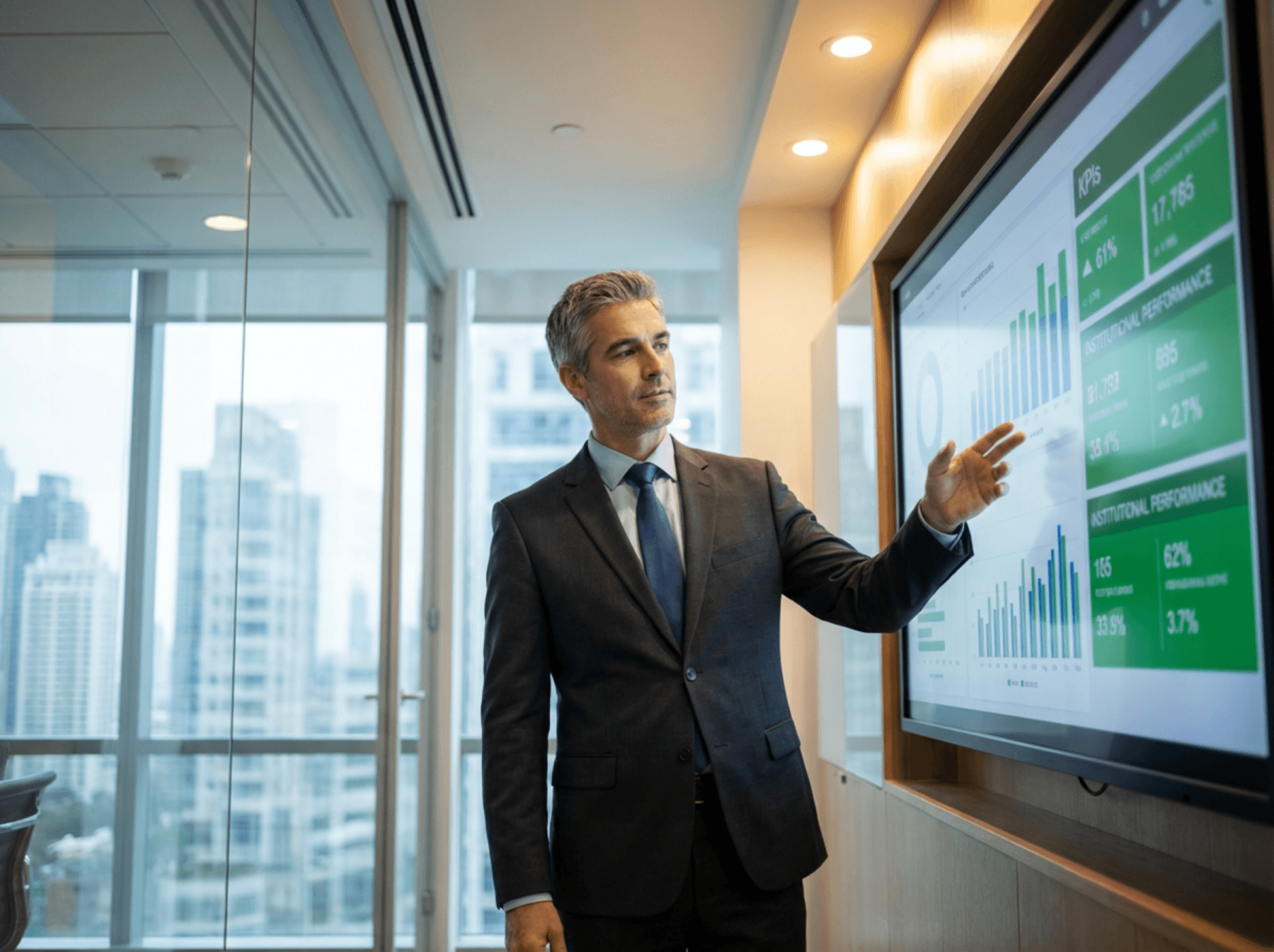 Hospital executive presenting institutional performance dashboards in a modern boardroom