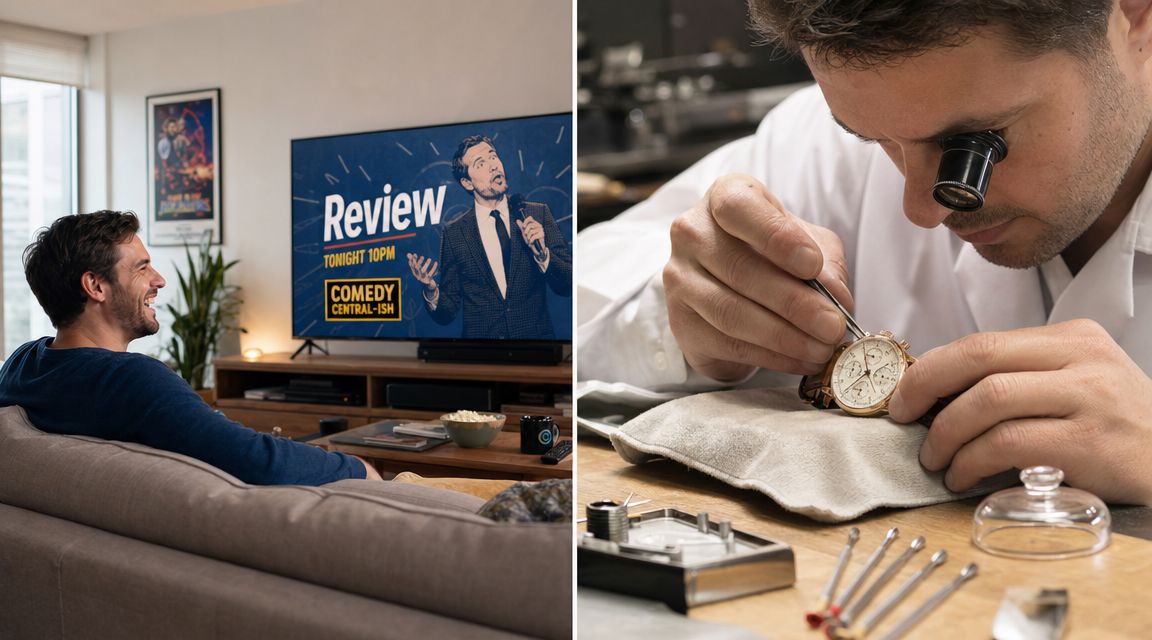 A split screen showing a man laughing at a television show and a professional watchmaker repairing a watch.
