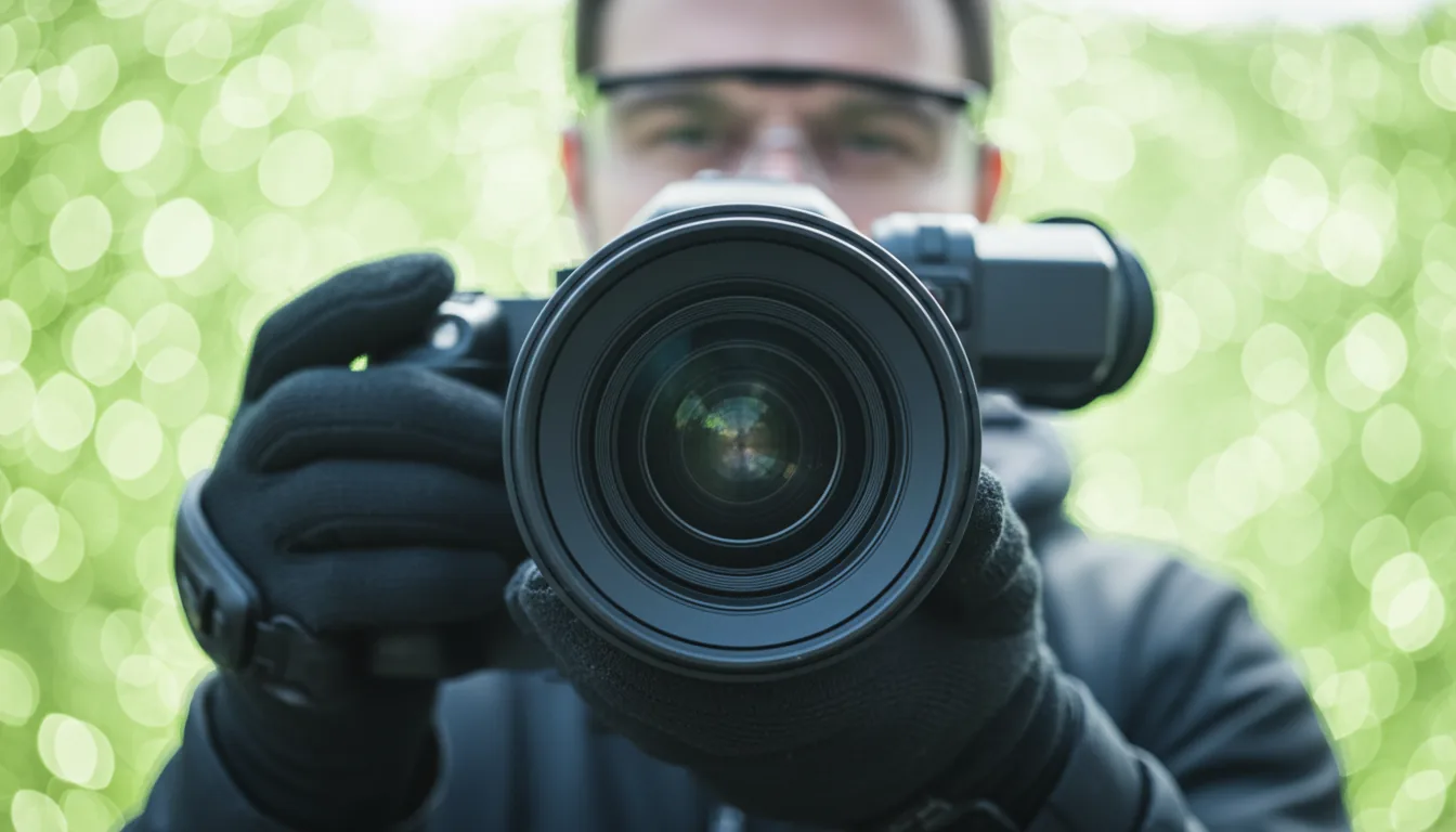 DSLR photograph from a point-of-view perspective, looking directly into the lens of a professional black video camera. A videographer's hands are holding the camera, with their out-of-focus face partially visible behind it. The image features an extremely shallow depth of field, with the camera's lens in tack-sharp focus while the background is a soft, vibrant lime-green bokeh. The scene is lit by bright, natural daylight, with a cool, cinematic color grading that emphasizes the blues in the shadows.