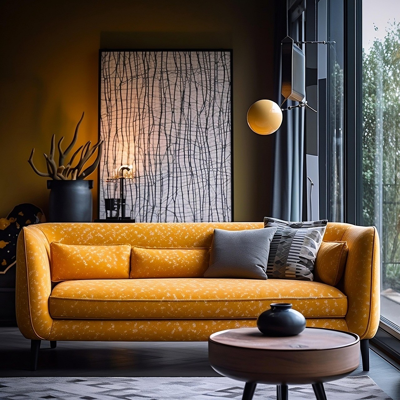 An upscale living room with a colorful couch